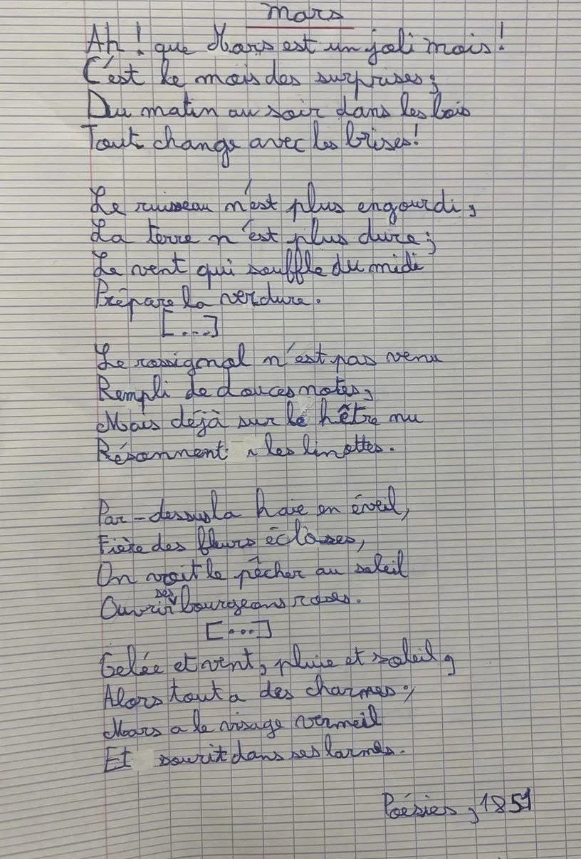 Écriture de Gyhan (CE2) après son accompagnement en graphopédagogie